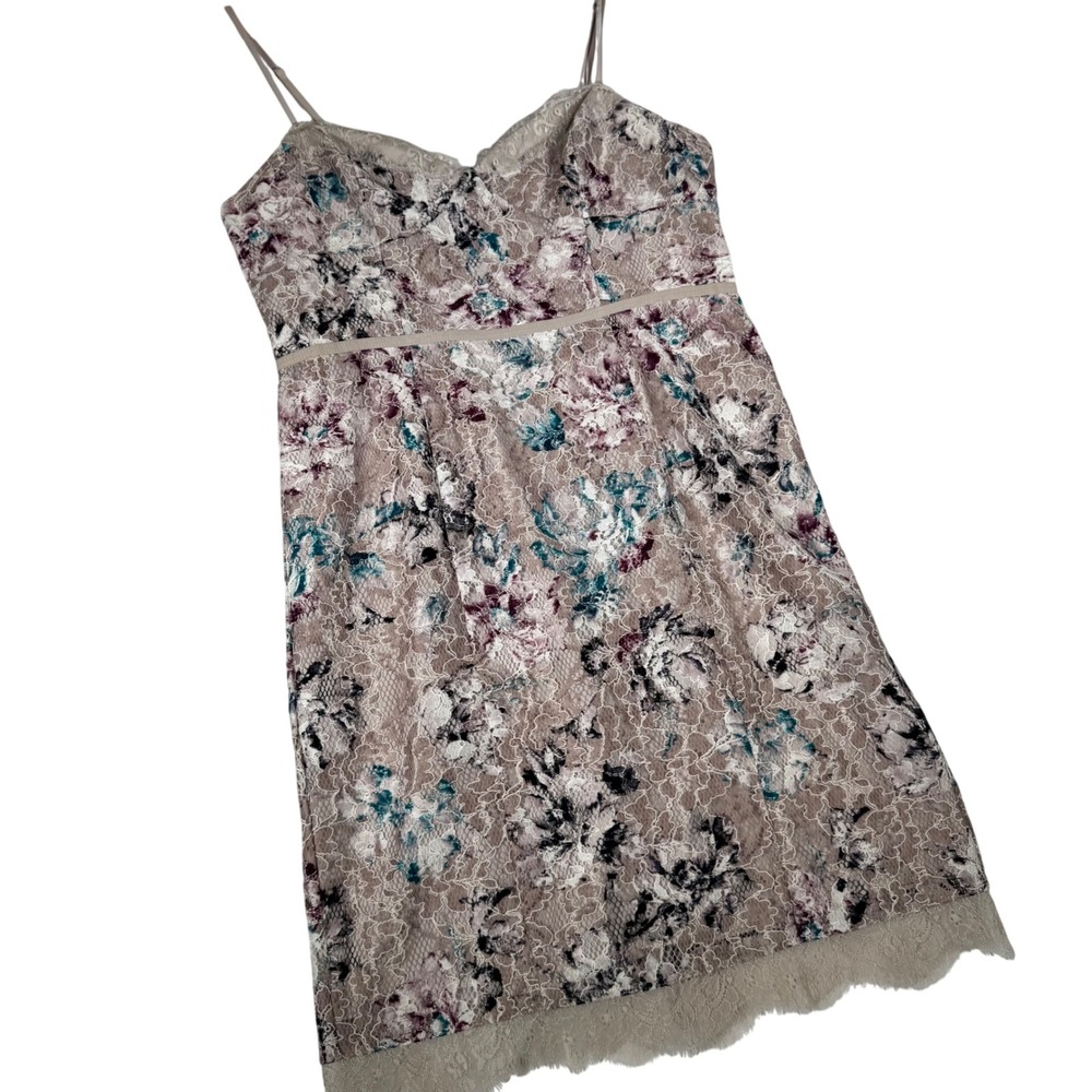 Victoria's Secret‎ Floral Lace Slip Dress Taupe Purple Teal Eyelash Hem Size 12